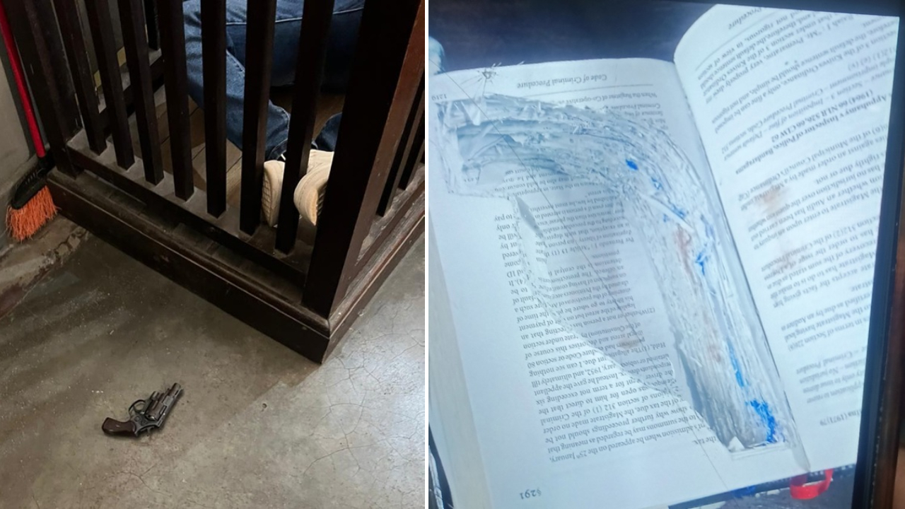 நீதிமன்ற துப்பாக்கிச் சூடு: துப்பாக்கியை மறைக்க சட்டப் புத்தகத்தை பயன்படுத்திய சந்தேக நபர்!