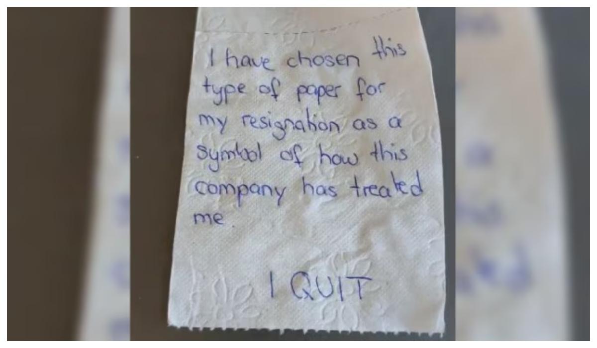 டிஷ்யூ பேப்பரில் ராஜினாமா கடிதம் கொடுத்து அதிர்ச்சியில் ஆழ்த்திய சிங்கப்பூர் ஊழியர்!