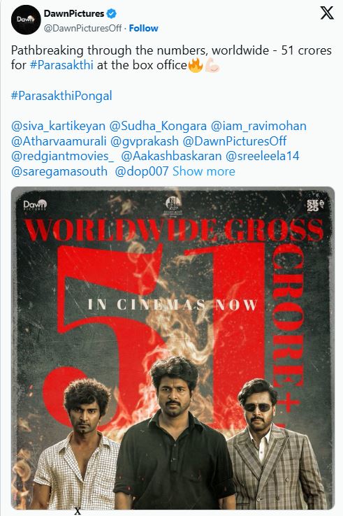 பராசக்தி திரைப்படம்  இரண்டு நாட்களில் 51 கோடி ரூபா  வசூல் !