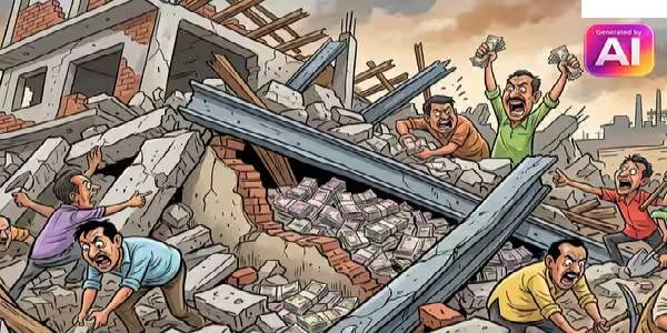 இடிந்து விழுந்த வங்கி கட்டிடம் – பணத்தை தேடி மக்கள் கூட்டம்!
